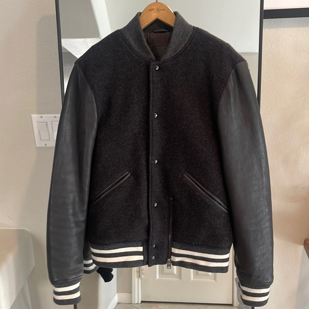 Allsaints Grey/Black Wool/Leather Campbell Varsity Jacket sz.XS
